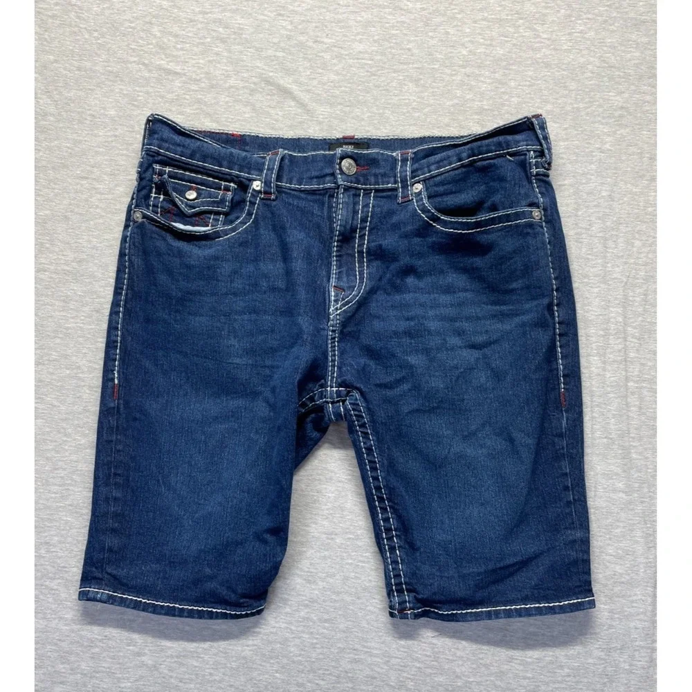 True Religion Jean Shorts Mens 38 Blue Denim Cotton Ricky Relaxed Straight Fit